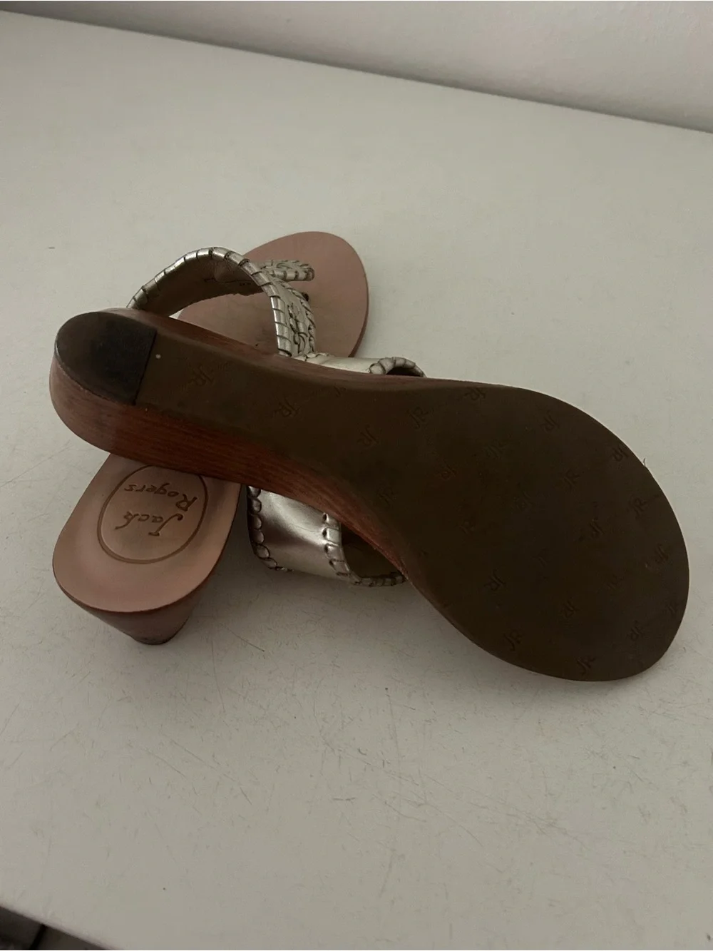 Jack Rogers Champange Leather Wood Wedge Sandals | women's 8 | 2